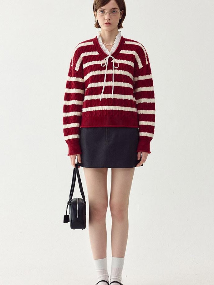 fano Ruffle Detail Loose Fit Commuter V-neck Long Sleeve Striped Women Sweaters