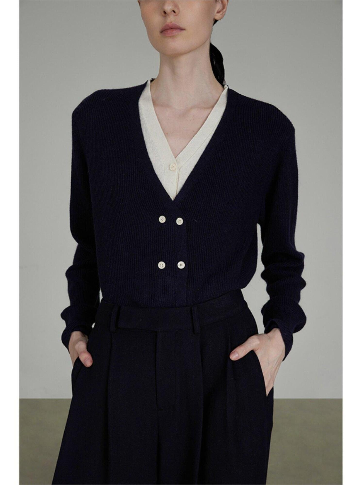 unspoken Minimal Commuter V-neck Button Loose Fit Cardigan Women Gray Colorblock Sweaters