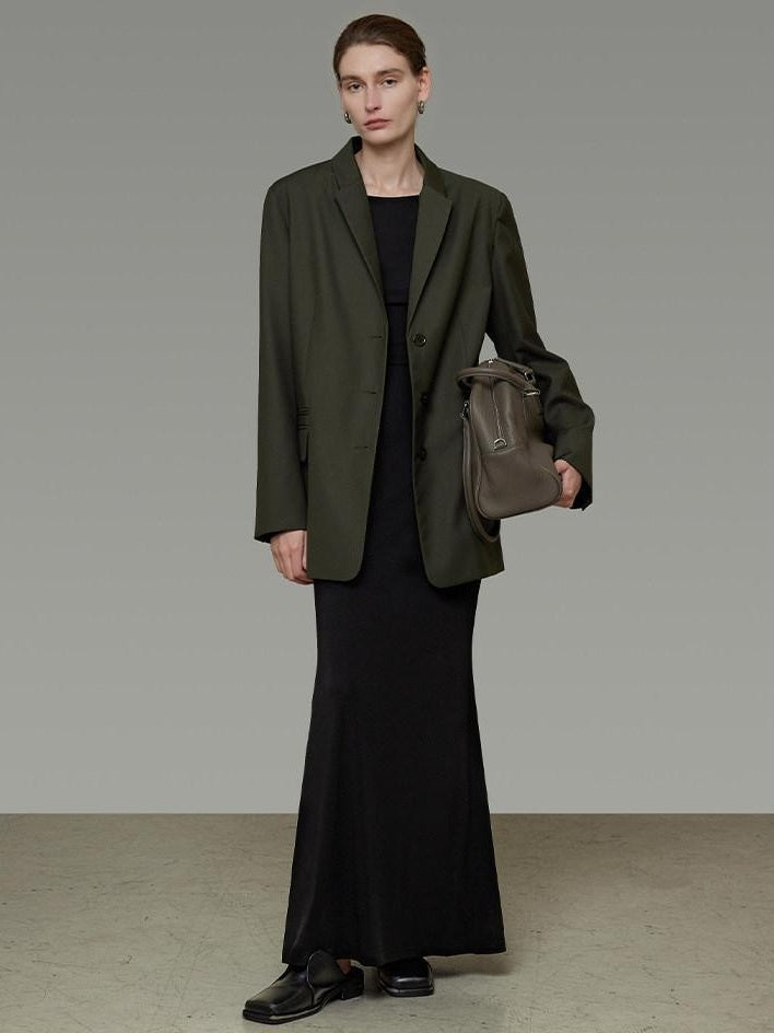 unspoken Breathable Dark Green Loose Lapel Blazer High Waist Casual Top & Skirt Sets