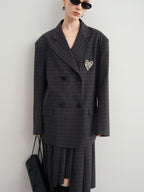 audreyyang Vintage Plaid Double Breasted Loose Fit Lapel Women Work Gray Blazers