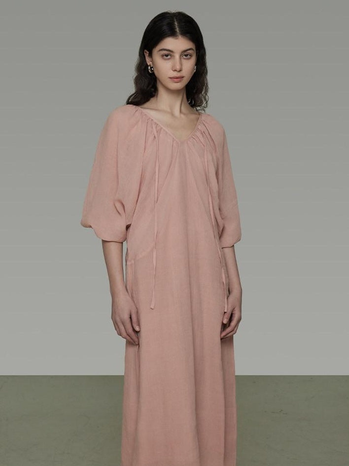 unspoken Breathable Linen Lyocell Blend Minimal A Line V-neck Pleated Women Maxi Dresses