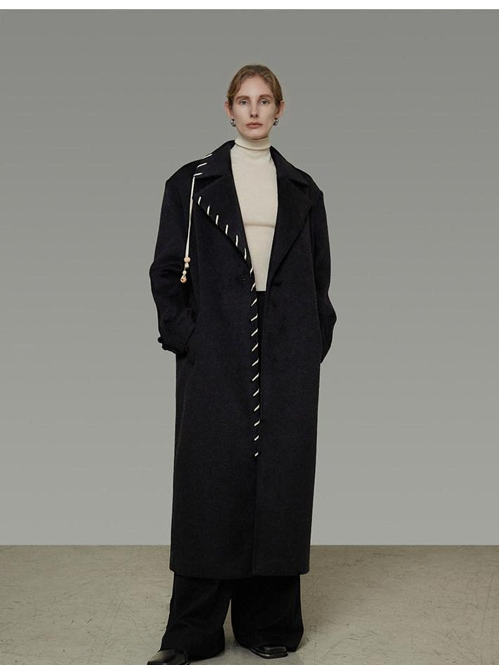 unspoken Sheep Wool Blend 3D Cut Straight Office Black Lapel Long Sleeve Long Coats