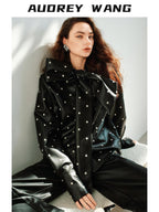 audreyyang Waterproof Pu Leather Vintage Loose Bow Tie Neck Polka Dot Blouses