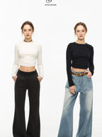 ikyou Slim Drawstring Long Sleeve Combed Cotton Crewneck Black White Basic Crop Tops