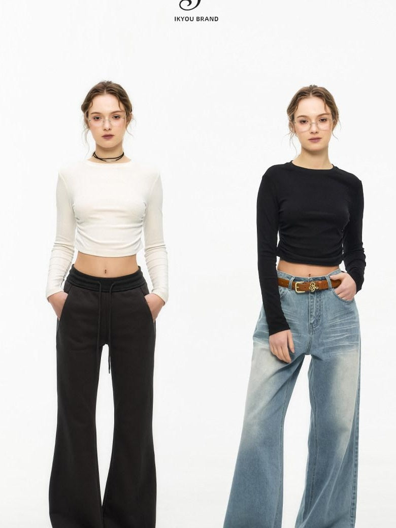 ikyou Slim Drawstring Long Sleeve Combed Cotton Crewneck Black White Basic Crop Tops