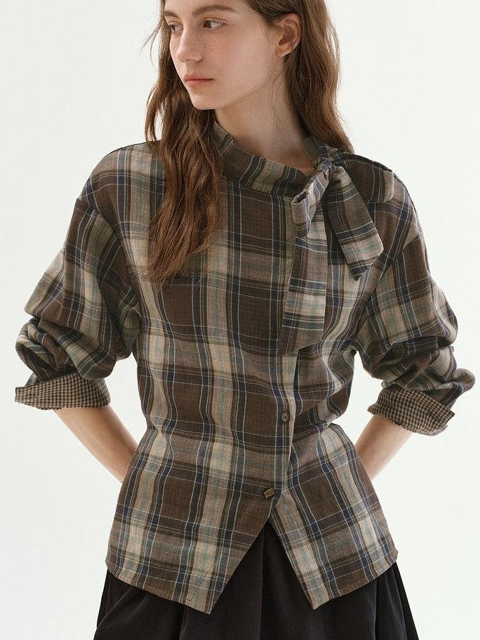 fano Soft Cotton Tie Bow Plaid Long Sleeve Stand Collar Office Cardigan Women Blouses