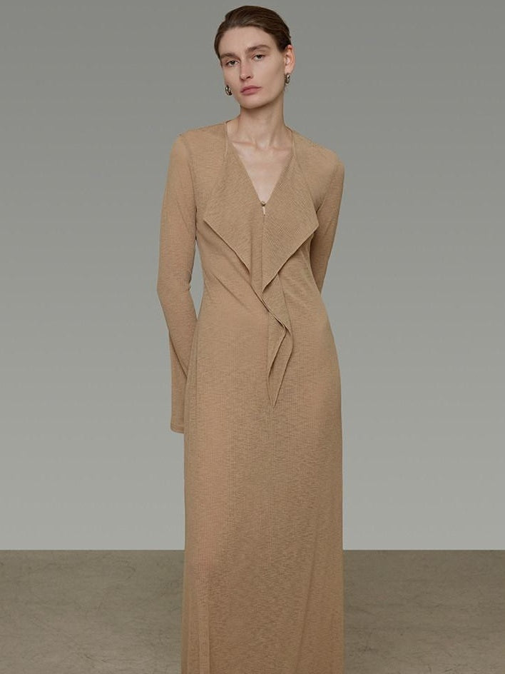 unspoken Breathable High Waist Sash V-neck Aline Longsleeve Office Polyester Maxi Dresses