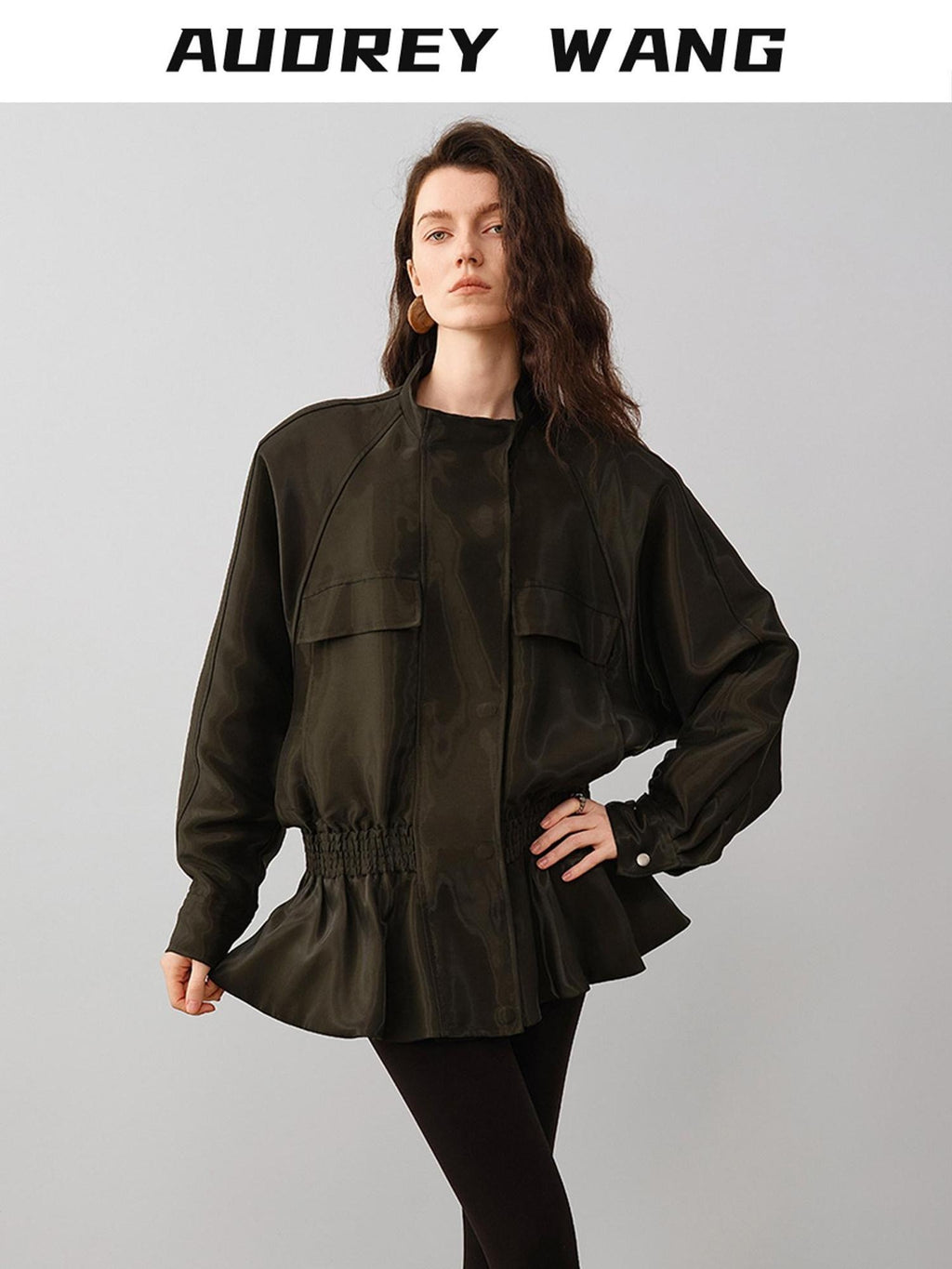 audreyyang Drawstring Techwear Loose Fit Womens Long Sleeve Button Cropped Jackets