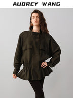 audreyyang Drawstring Techwear Loose Fit Womens Long Sleeve Button Cropped Jackets