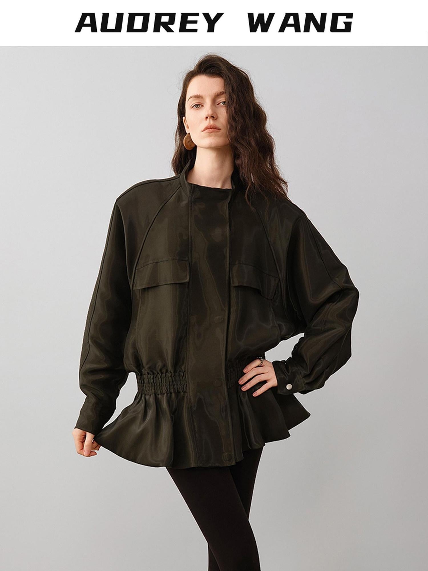 audreyyang Drawstring Techwear Loose Fit Womens Long Sleeve Button Cropped Jackets