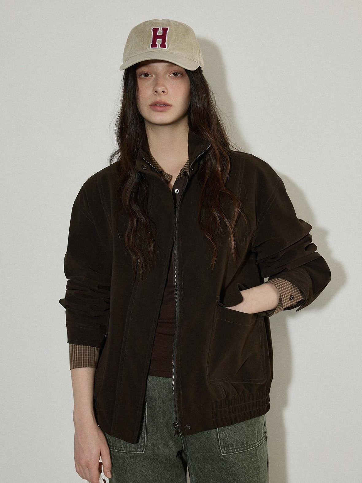 Lofi choose Zip Front Loose Fit Commuter Office Long Sleeve Dark Brown Women Cropped Jackets