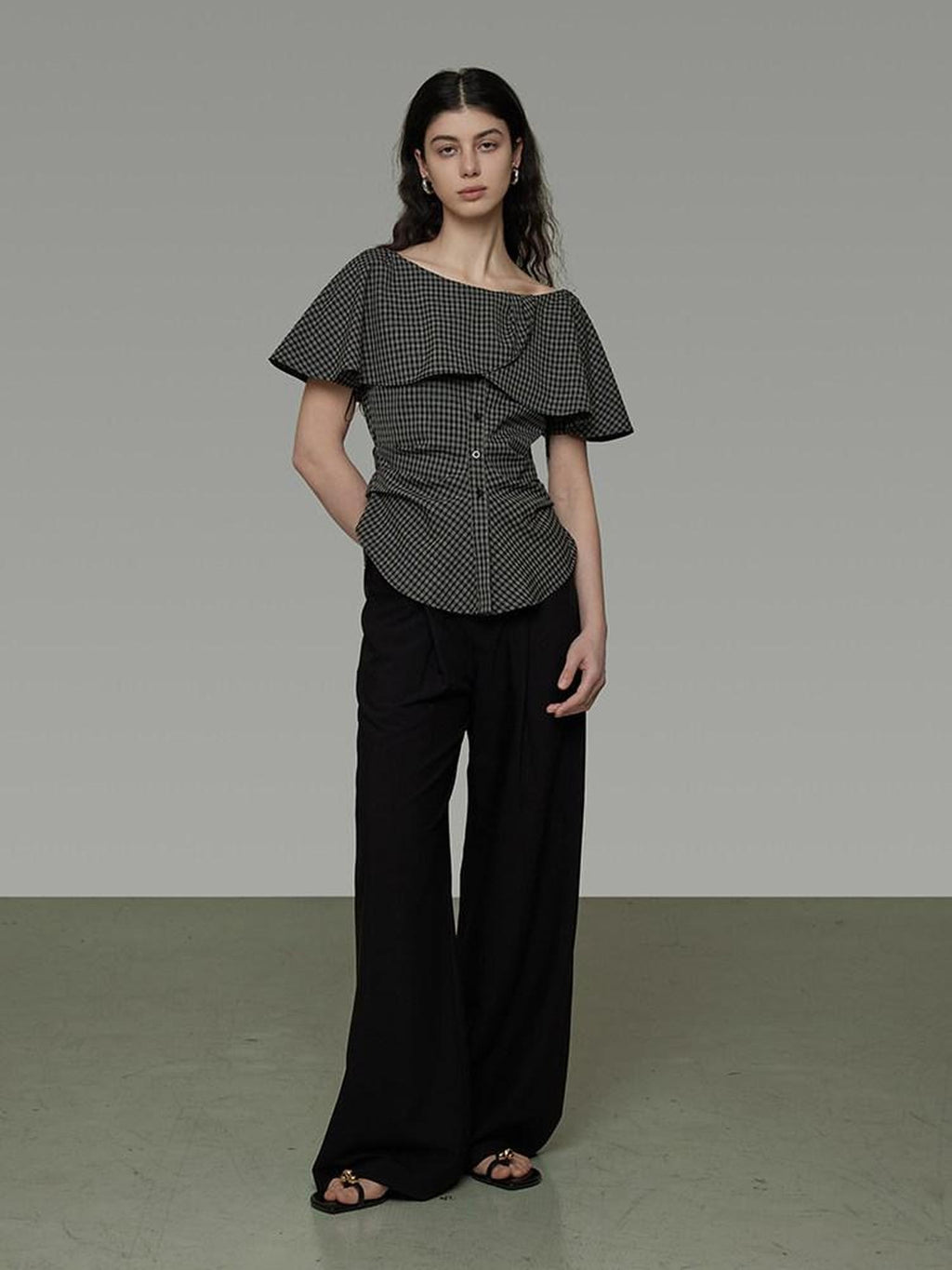 unspoken Breathable Minimal Loose Ruffle Boatneck Women Plaid Button Short Sleeve Blouses