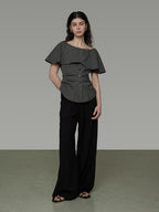 unspoken Breathable Minimal Loose Ruffle Boatneck Women Plaid Button Short Sleeve Blouses