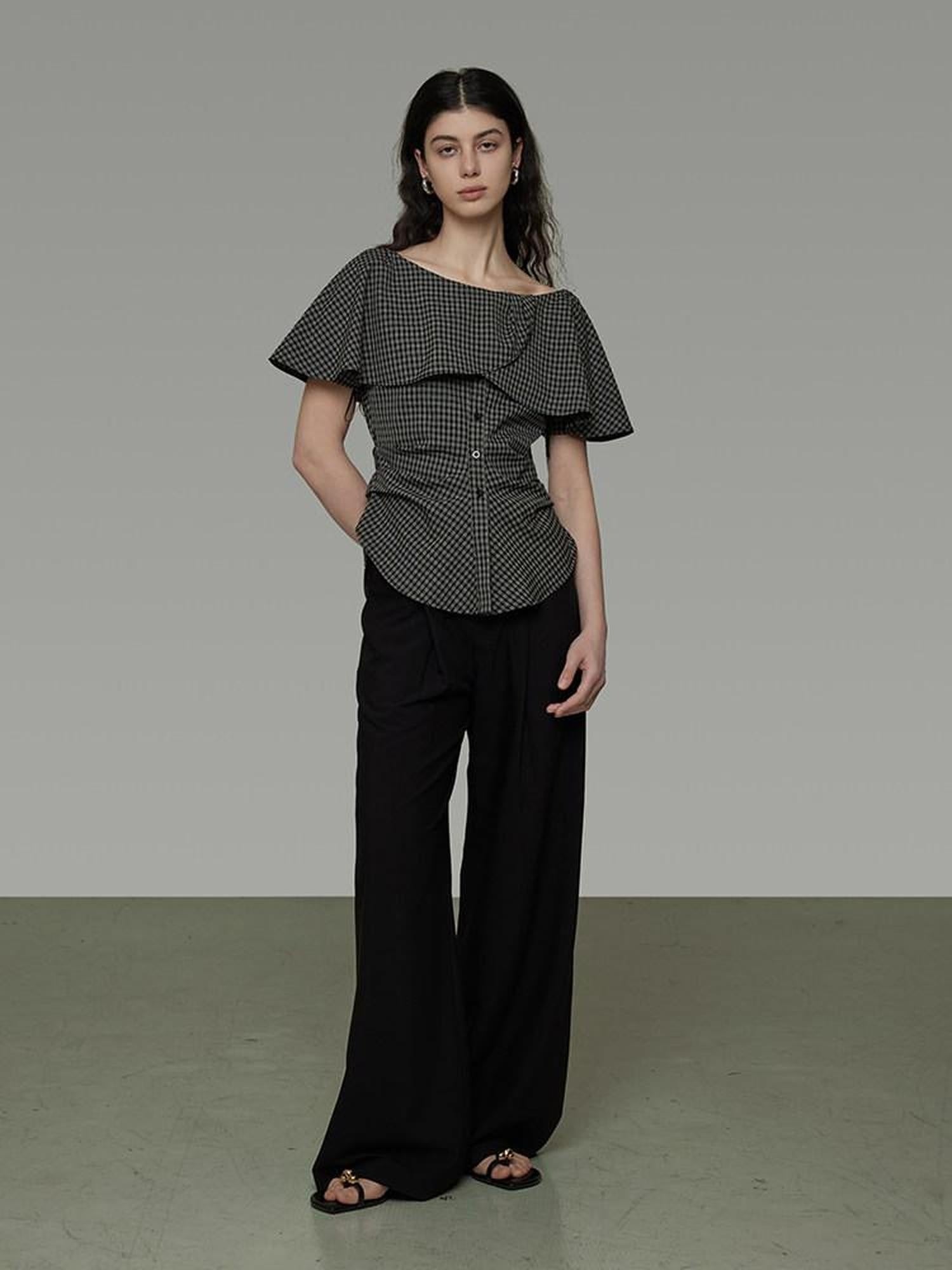 unspoken Breathable Minimal Loose Ruffle Boatneck Women Plaid Button Short Sleeve Blouses