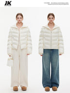 ikyou Warm Thick Commuter Loose Pocket Embroidery Zipper White Padded Puffer Jackets