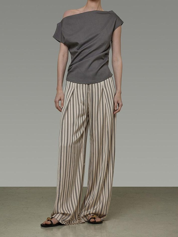 unspoken Minimalist High Waist Elastic Office Loose Striped Polyester Wide Leg Pants