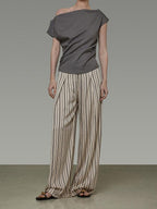 unspoken Minimalist High Waist Elastic Office Loose Striped Polyester Wide Leg Pants