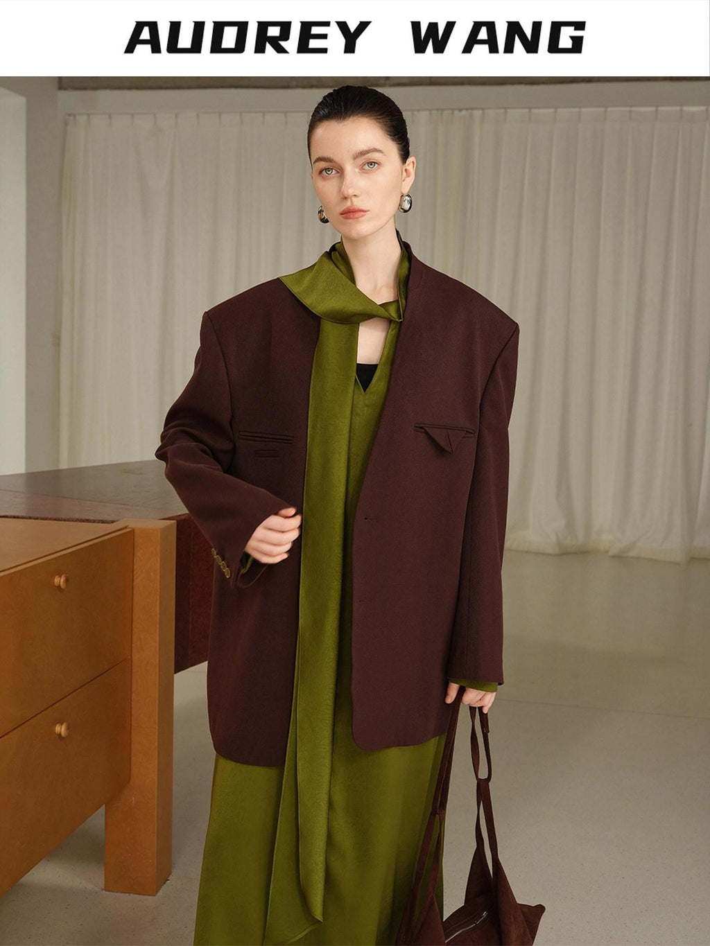 audreyyang Original Loose Fit Herringbone Wool Collarless Open Front Casual Women Blazers