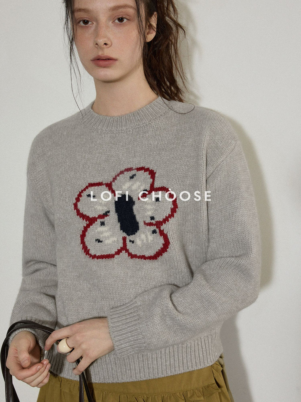 Lofi choose Embroidered Floral Commuter Loose Fit Women Acrylic Blend Crewneck Sweaters