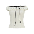 someonesometimes Lace Tie Slim Fit Short Solid Mauve Cream Daily Chic Off Shoulder Crop Tops