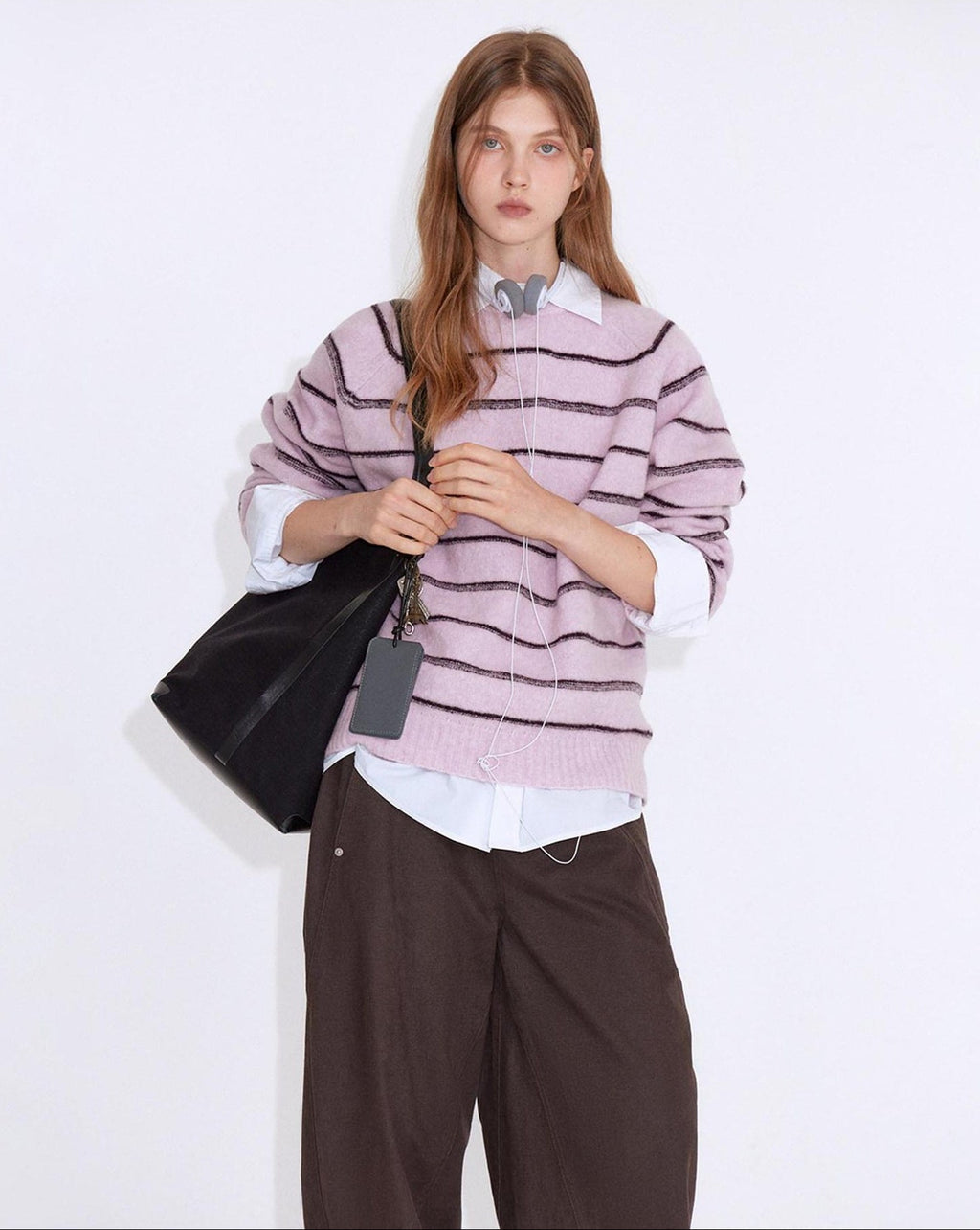 fano Soft Wool Blend Striped Cardigan Loose Fit Commuter Women Pink Knitted Sweaters