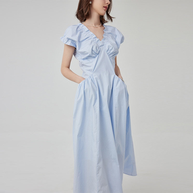 fano_Pleated_High_Waist_A_Line_V-neck_Flutter_Sleeves_100%_Cotton_Casual_Maxi_Dresses_MISSTT
