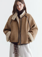 fano Comfortable Colorblock Stand Collar Zip Loose Fit Youth Camel Cropped Jackets