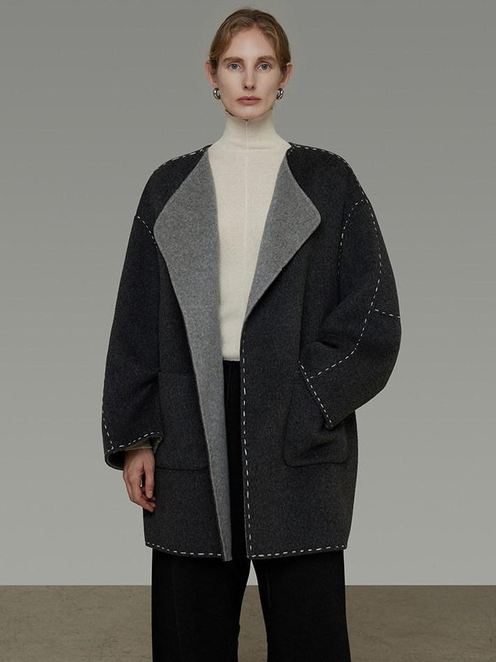 unspoken Warm Thick 3D Tailored Loose Fit Lapel Collar Commuter Women Charcoal Wool Coats