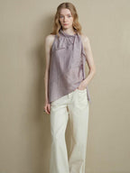 someonesometimes Asymmetrical Fringe Slim Fit Strap Solid Silver Purple Long Sleeve Crop Tops