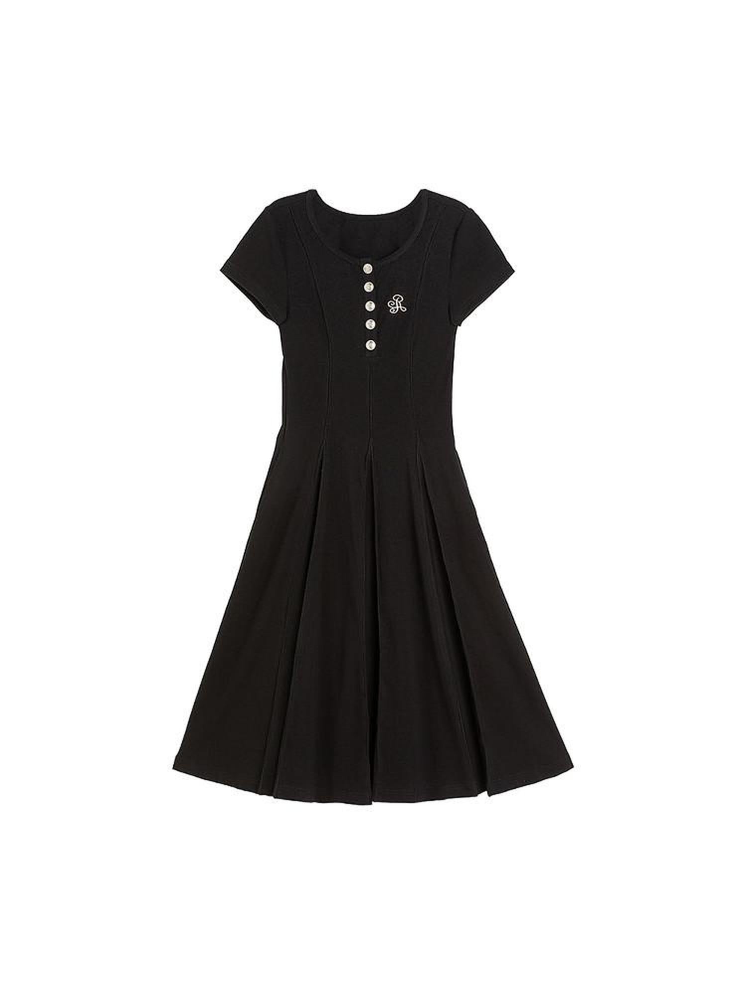 ikyou Soft Stretch Cotton Cinched Waist A Line U Neck Short Sleeve Black Maxi Dresses