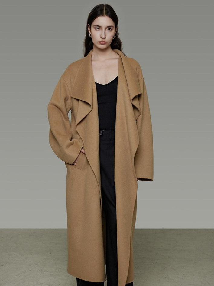 unspoken Thick 100 Percent Sheep Wool Long Loose Lapel Minimalist Sand Brown Wool Coats