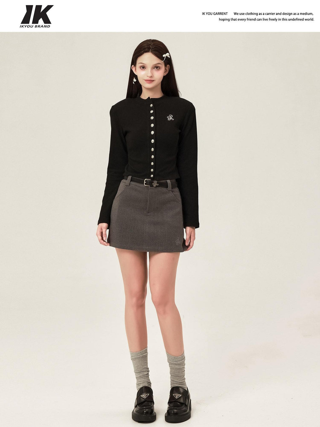 ikyou Shape Retaining Embroidered Casual A Line Low Waist Slim Black Mini Skirts