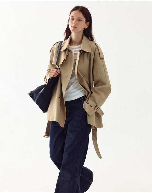 fano Double Breasted Button Loose Fit Raglan Sleeve Commuter Women Khaki Trench Coats