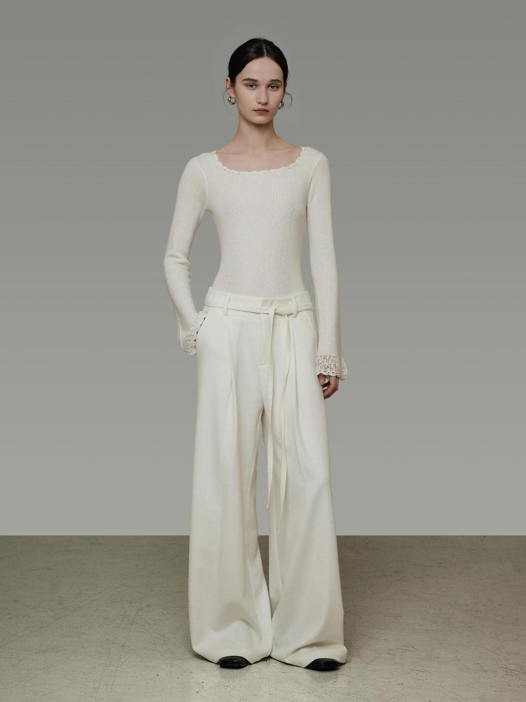 unspoken High Waist Drawstring Minimalist Breathable White Women Wide Leg Pants