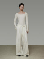unspoken High Waist Drawstring Minimalist Breathable White Women Wide Leg Pants