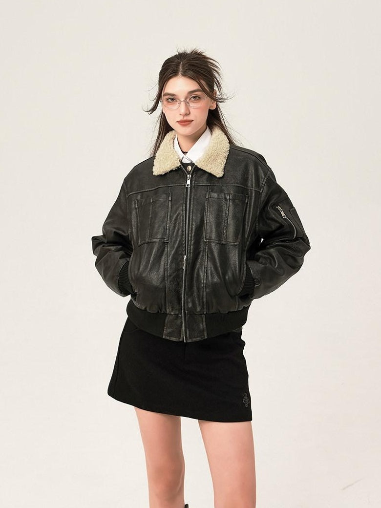 ikyou Thick Distressed Pu Patchwork Straight Zip Pockets Minimalist Leather Jackets