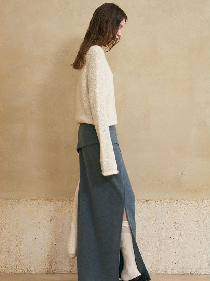 someone sometimes Versatile Lined Knit Slit Straight H Line Mid Waist Women Casual Maxi Skirts