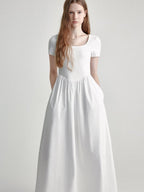 fano Cotton High Waist A Line Square Neck Short Sleeve Office Casual Maxi Dresses
