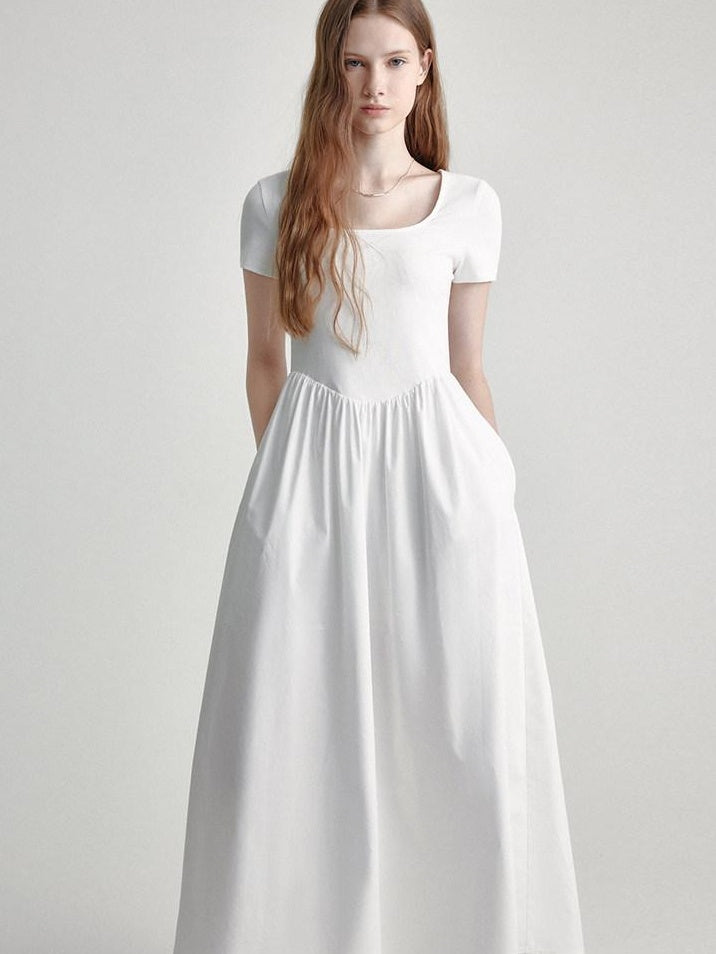 fano Cotton High Waist A Line Square Neck Short Sleeve Office Casual Maxi Dresses