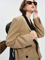 audreyyang Khaki Contrast Lapel Blazer Slit Loose Fit Long Sleeve Women Top & Skirt Sets