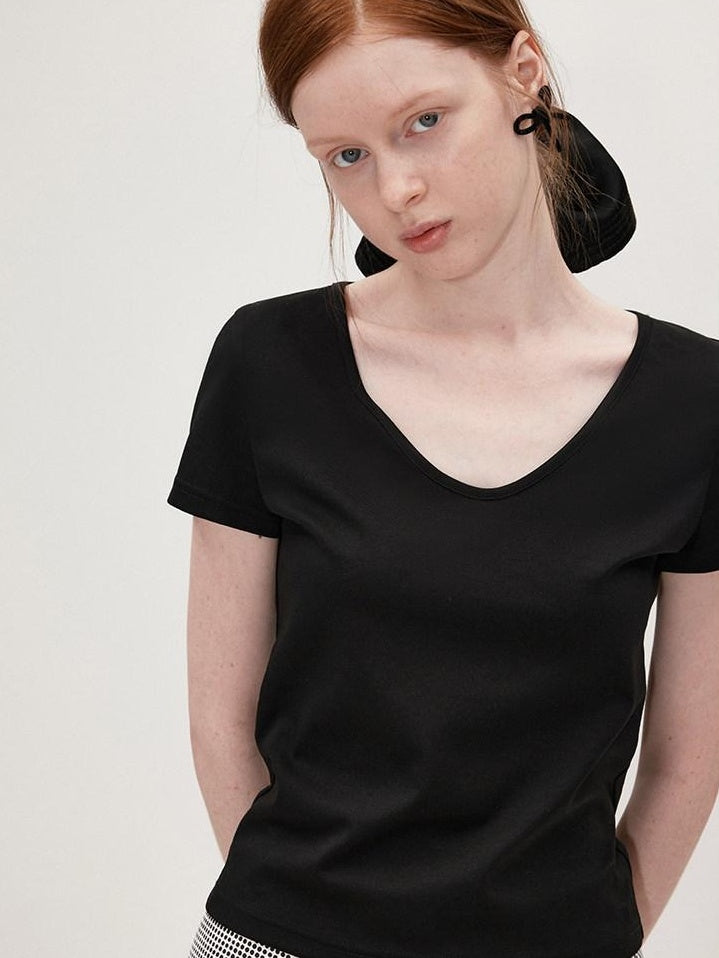 fano Cotton Tencel V-neck Straight Fit Women Black White Short Sleeve T-Shirts