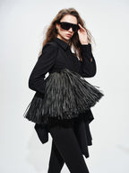 audreyyang Vintage Loose Square Neck Long Sleeve Midi Cardigan Black Polyester Blouses