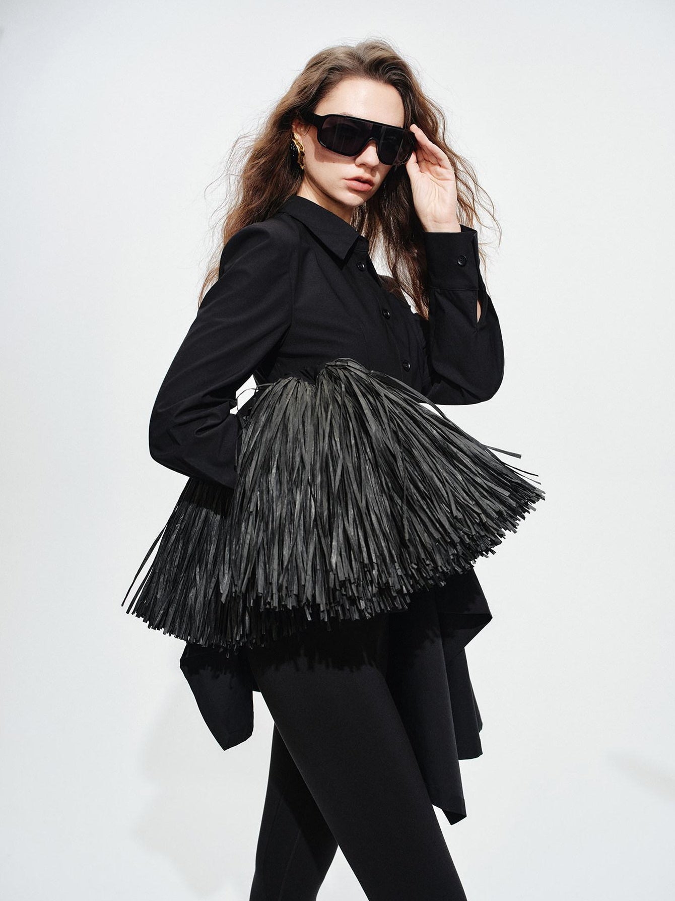 audreyyang Vintage Loose Square Neck Long Sleeve Midi Cardigan Black Polyester Blouses