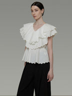unspoken Breathable Cotton Blend Ruffle Collar Loose Minimal Commuter Women Blouses