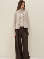 someone sometimes Wool Blend Button Front Round Neck Long Sleeve Commuter Oatmeal Beige Cardigans