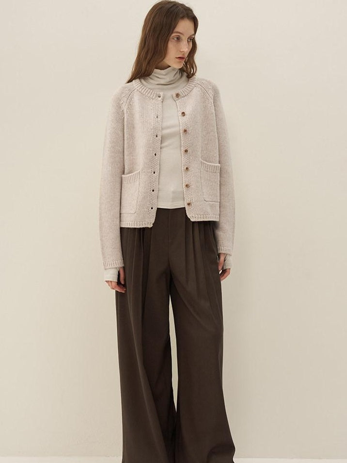 someone sometimes Wool Blend Button Front Round Neck Long Sleeve Commuter Oatmeal Beige Cardigans