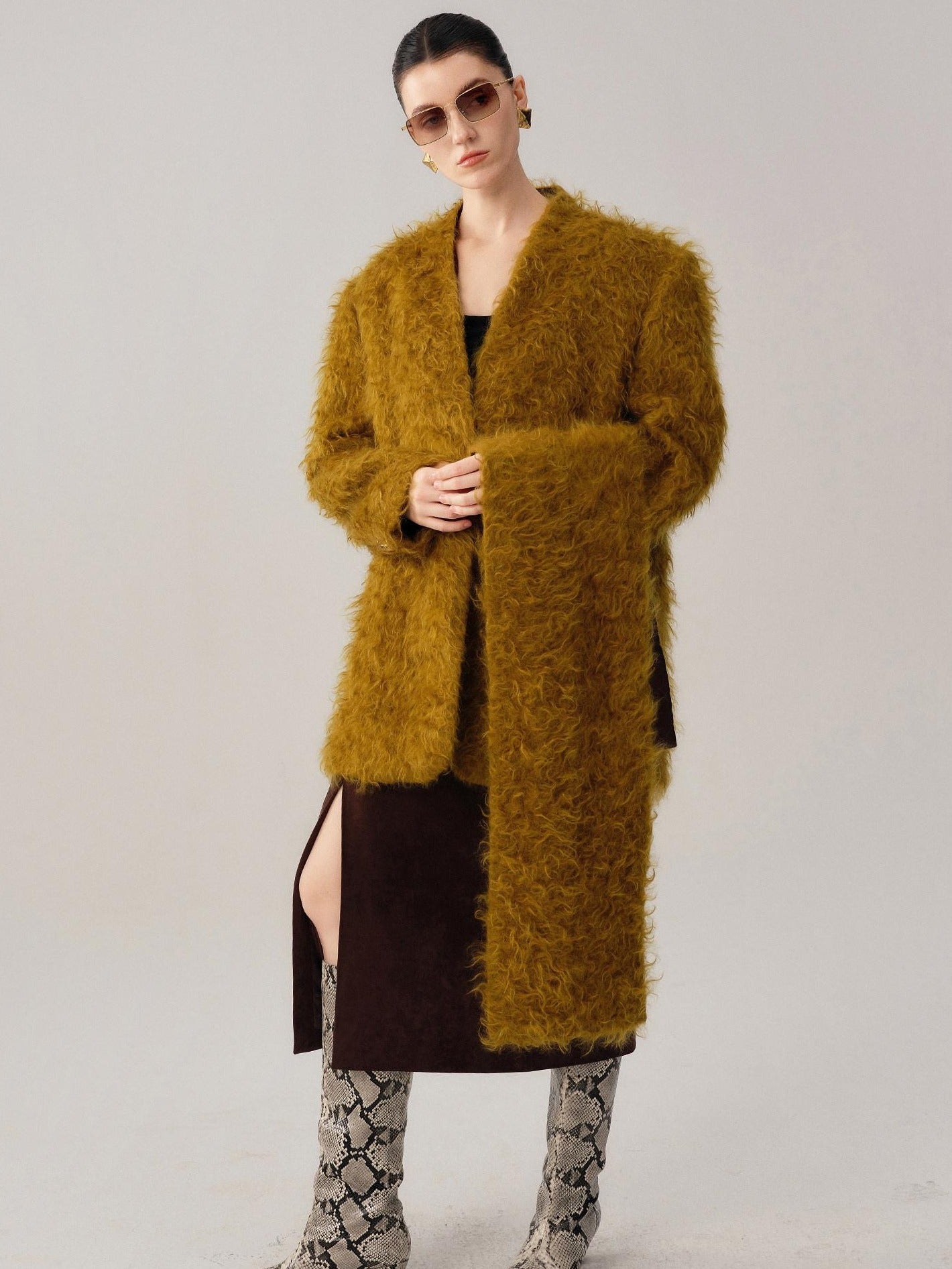audreyyang Thick Mohair Blend Commuter V-neck For Women Solid Mustard And Grape Wool Coats