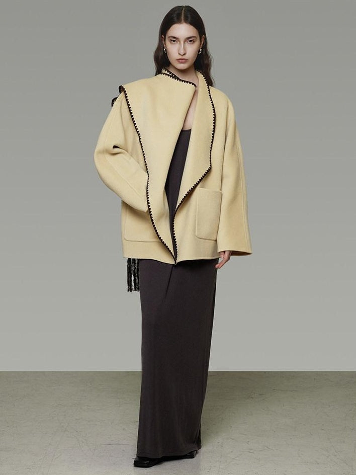 unspoken 100 Percent Wool Lightweight Minimal Commuter Loose Women Pale Yellow Wool Coats