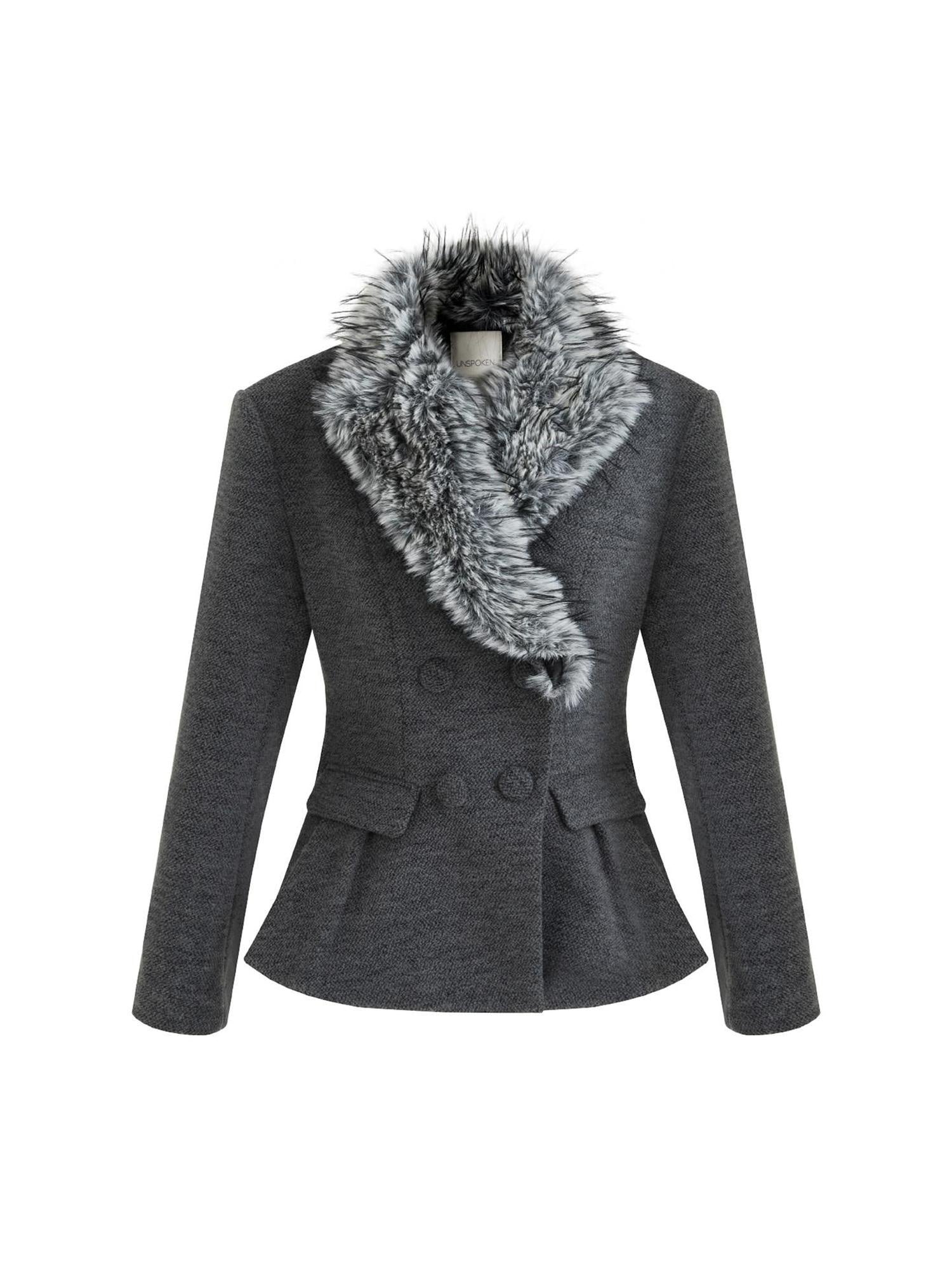 unspoken Wool Blend Double Breasted Slim Lapel Tailored Minimal Workwear Gray Short Coat