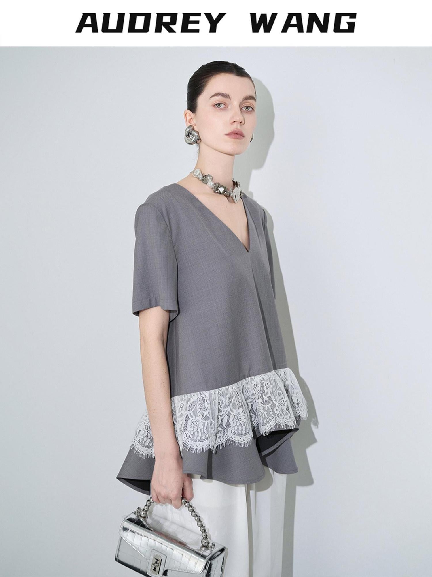audreyyang Cotton Blend Commuter Patchwork Loose V-neck Heather Gray Short Sleeve T-Shirts